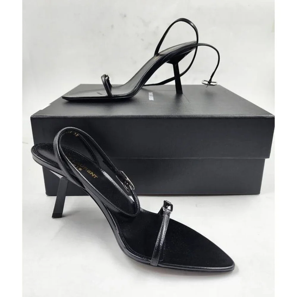 SAINT LAURENT 75mm Lambskin Leather Kitty Sandals Women's EU 36 Nero - Picture 2 of 15